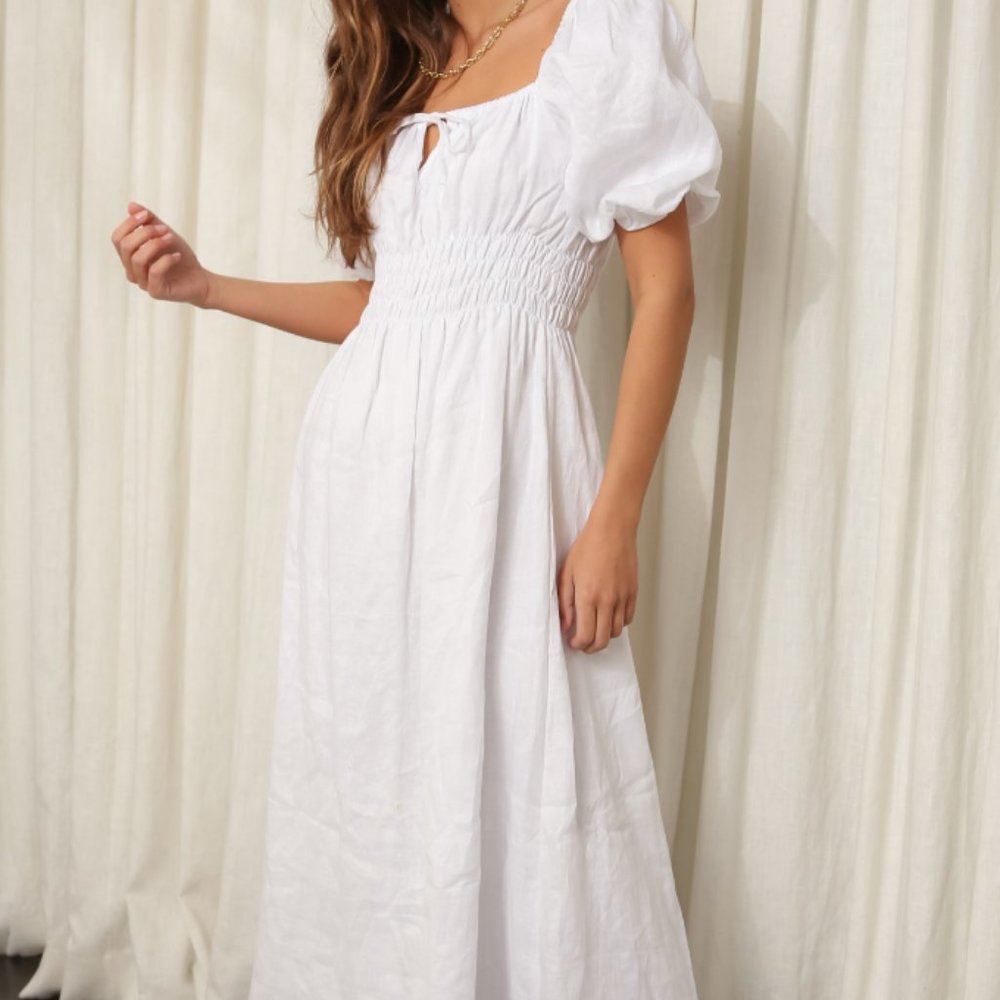FAITHFULL THE BRAND  Maurelle puff-sleeve linen midi dress - L